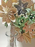 Shabby Chic Cascading Bouquet- Paper Bouquet, one of a kind origami, Bridal bouquet, kusudama, paper roses & lilies, your color scheme, gift