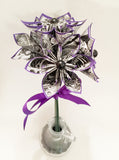 5 Comic Book Paper Flowers- Ready to ship, one of a kind origami, handmade gift, purple, anniversary gift, wedding decor, perfect for her