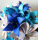 Bridal Bouquet with Text flowers & Lilies- 12 inch alternative bouquet, one of a kind origami, destination wedding, paper flowers, something blue