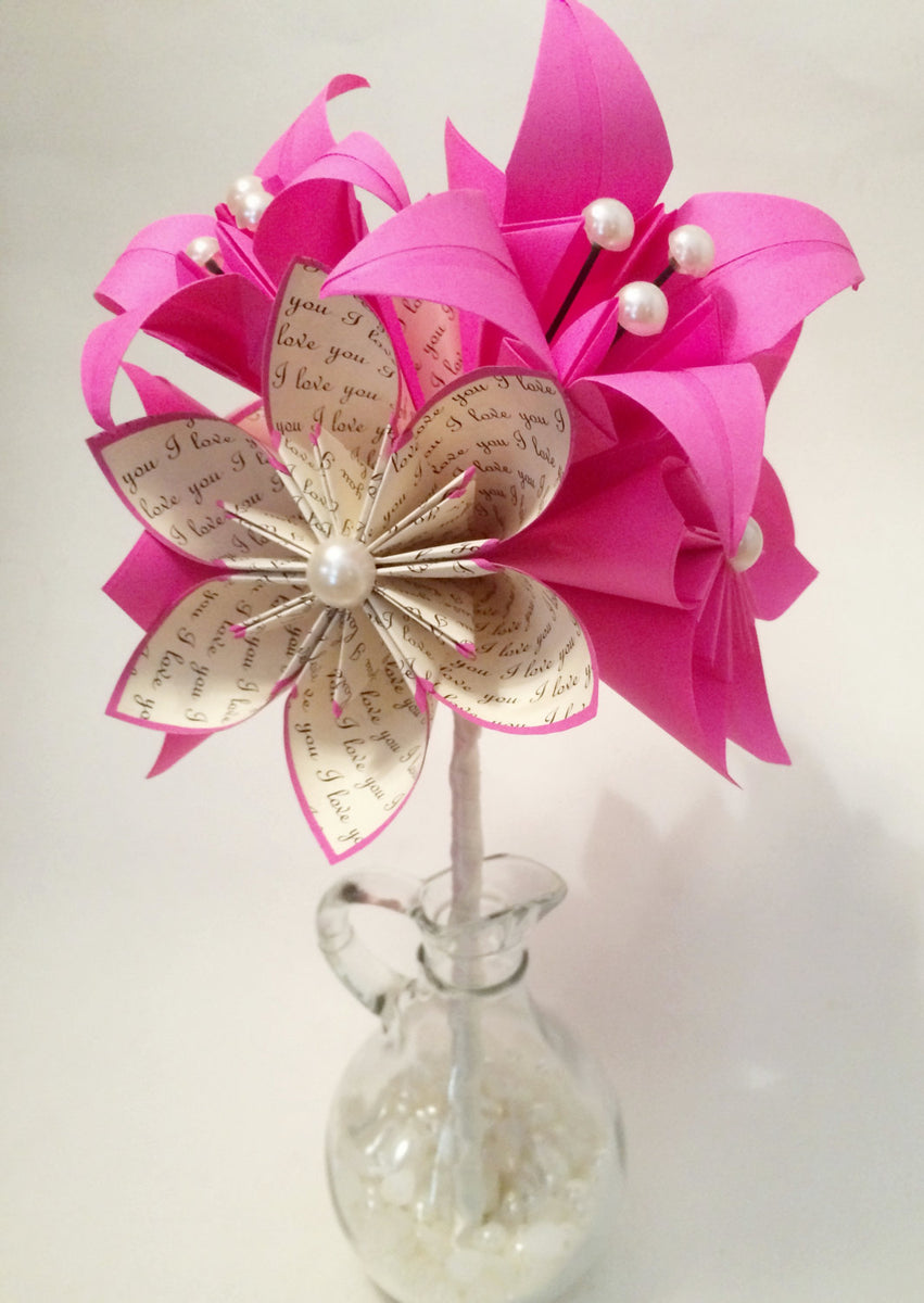 Bridesmaid Flowers & Lilies Paper Bouquet- 7 inch, 15 flowers, one of –  Dana's Paper Flowers