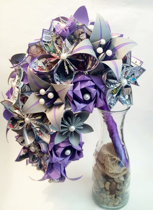 Comic Book Cascading Bouquet- Paper Bouquet, one of a kind origami, Bridal bouquet, kusudama, paper roses & lilies, your color scheme, gift