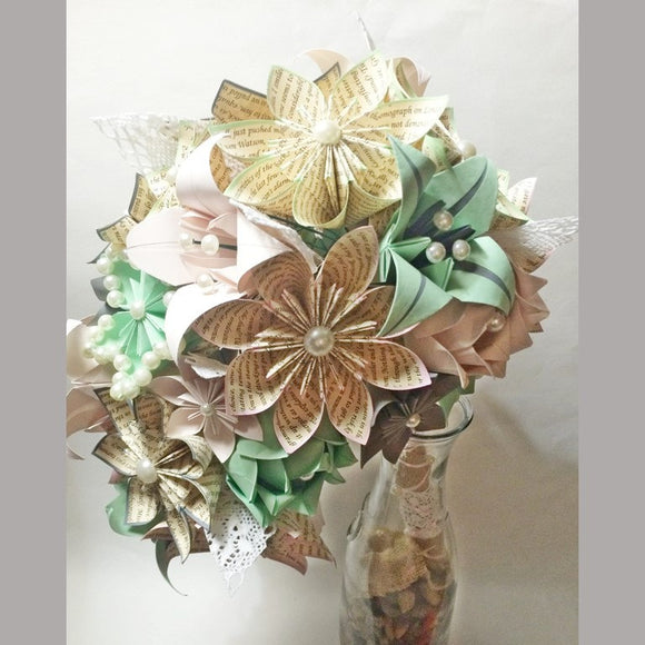 Shabby Chic Cascading Bouquet- Paper Bouquet, one of a kind origami, Bridal bouquet, kusudama, paper roses & lilies, your color scheme, gift