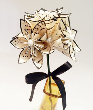 5 Stemmed Sheet Music Paper Flowers- Ready To Ship, handmade anniversary gift, wedding decor, origami flowers, small paper bouquet