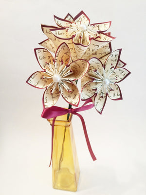 5 I Love You Paper Flowers- Ready To Ship, perfect for her, handmade anniversary gift, wedding decor, origami, red daisy, small bouquet