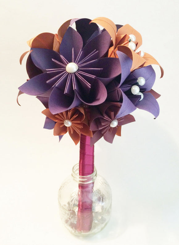 Bridesmaid Flowers & Lilies Bouquet- 7 inch, 15 flowers, one of a kind, custom wedding, origami, paper flower bouquet, fall colors, gem tone