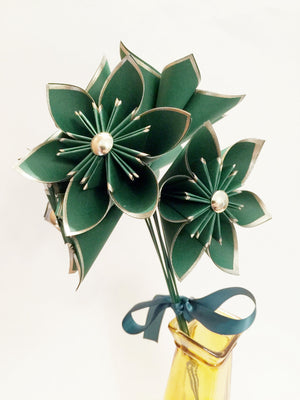 6 Gold & Emerald Paper Flowers- Ready to ship, 1st Anniversary gift, handmade origami, gift, birthday, wedding decor, perfect for her