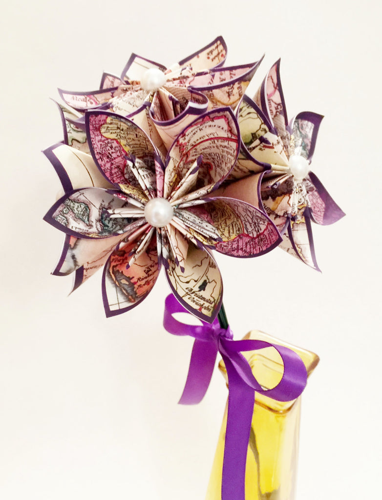 5 Vintage Map Paper Flowers- Ready to ship small bouquet, handmade gift, anniversary gift, wedding decor, perfect for her