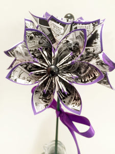 5 Comic Book Paper Flowers- Ready to ship, one of a kind origami, handmade gift, purple, anniversary gift, wedding decor, perfect for her