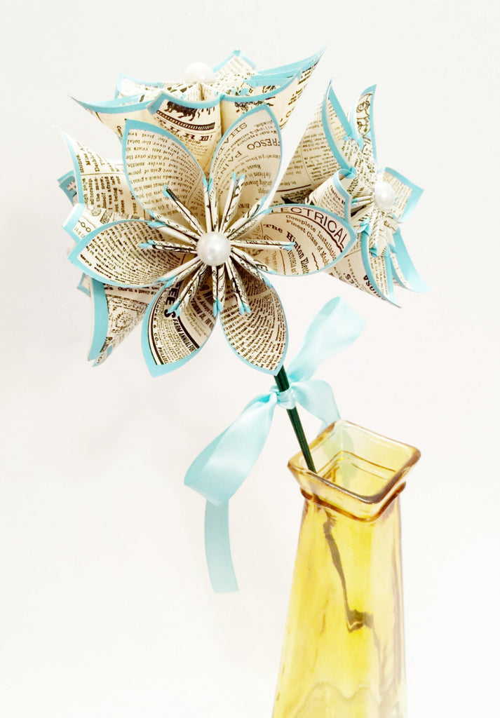 5 Vintage Newspaper Print Paper Flowers- Ready to ship, handmade gift, anniversary gift, wedding decor, perfect for her