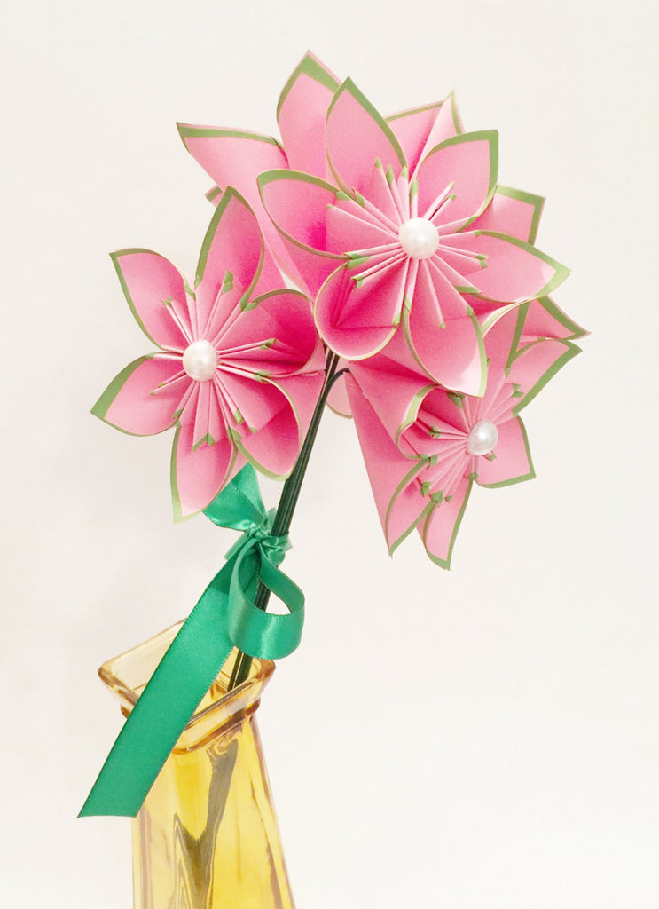 6 Pink & Green Paper Flowers- Ready to ship, handmade origami, gift, anniversary gift, birthday, wedding decor, perfect for her