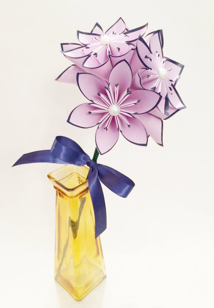 6 Lilac & Navy Paper Flowers- Ready to ship, Birthday gift, handmade origami, anniversary gift, wedding decor, perfect for her, bouquet
