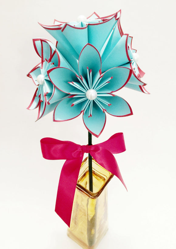 5 Turquoise & Red Paper Flowers- Ready to ship, handmade origami, anniversary gift, wedding decor, perfect for her, bouquet, summer wedding
