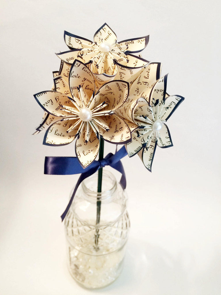 5 I Love You Paper Flowers- Ready To Ship, perfect for her, handmade anniversary gift, wedding decor, origami, navy blue daisy,small bouquet