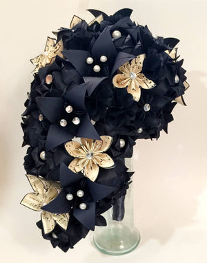 Cascading Bouquet of Roses- Handmade Bridal Bouquet, sheet music wedding, paper hydrangea, roses & lilies, your choice of color scheme