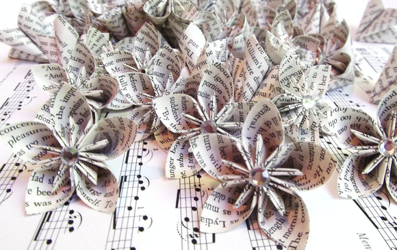 50 handmade paper flower decorations- wedding, home decor, origami, gems, pride and prejudice
