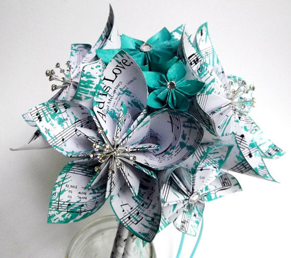 Bridal Sheet Music Wedding Bouquet with Gem Bursts- 9 inch 