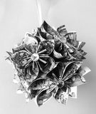 Paper Flower Memory Ornament- your family photos, 4 inch flower ball, black and white, one of a kind origami,  first anniversary