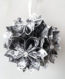 Paper Flower Memory Ornament- your family photos, 4 inch flower ball, black and white, one of a kind origami,  first anniversary