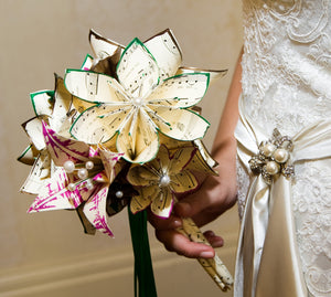Music and 2 Lilies Bridal Bouquet- 11 inch, 20 flowers, custom wedding, origami, handmade, destination wedding, bride, non traditional