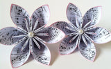 Personalized sheet music- set of 2 paper flowers, one of a kind, origami, wedding decor, chic, centerpieces