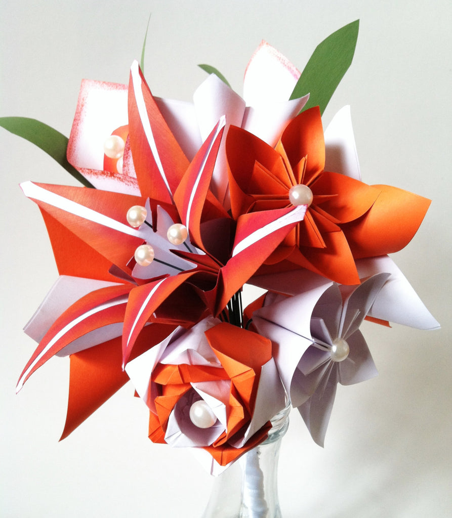 Fire Lily Paper Bouquet- One of a kind origami, calla lily, paper rose, first anniversary gift, perfect for her