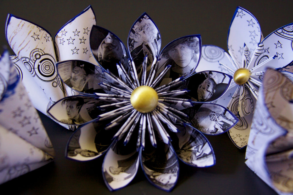 Doctor Who Inspired Paper Flowers- Set of 5, 11 doctors, handmade, one of a kind, wedding decor, wedding bouquet, centerpiece, favor