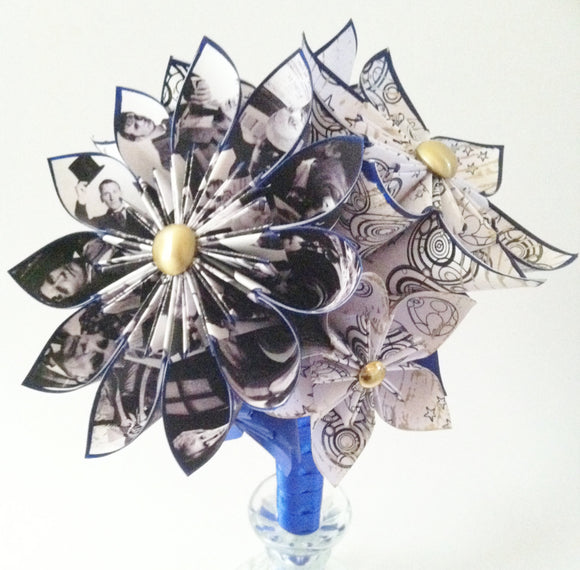 Doctor Who Inspired Wedding Bouquet- one of a kind, origami, Gallifreyan, flowers, whovian, first anniversary gift, perfect for her, geekery