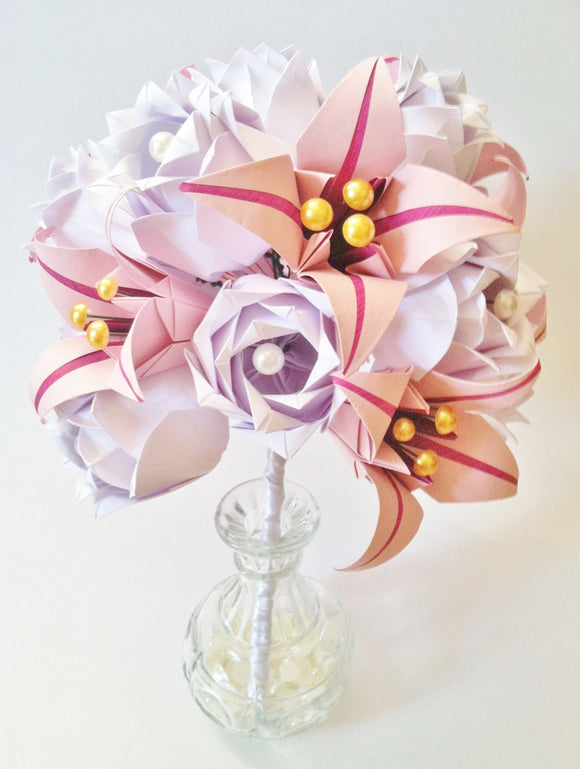 Paper Roses & Lilies Bridal Bouquet-dozen roses, 8 lilies, personalized for you, wedding bouquet, traditional 1st anniversary gift, origami