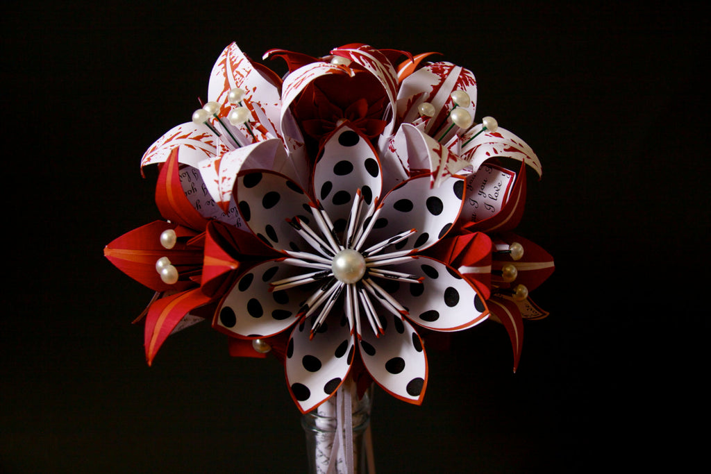 Crimson & Pumpkin Bridal Bouquet- paper flowers, one of a kind wedding bouquet, 1st anniversary gift, perfect for her, fall bride