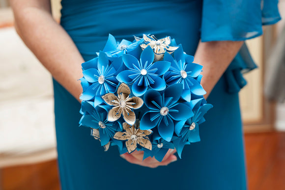 Something Blue Paper Flower Wedding Bouquet- bridal, bridesmaid