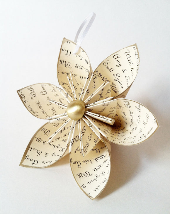 Our Personalized Christmas Ornament- Your Names & Date, custom message, gold, holiday decor, anniversary gift, one of a kind origami