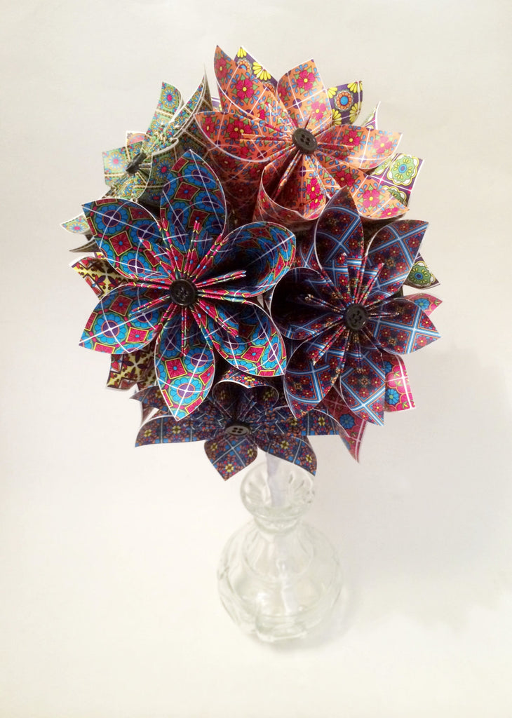 A Dozen Paper Flowers- Talavera origami, one of a kind bouquet, use any digital print, dozen roses, wedding bouquet, anniversary gift