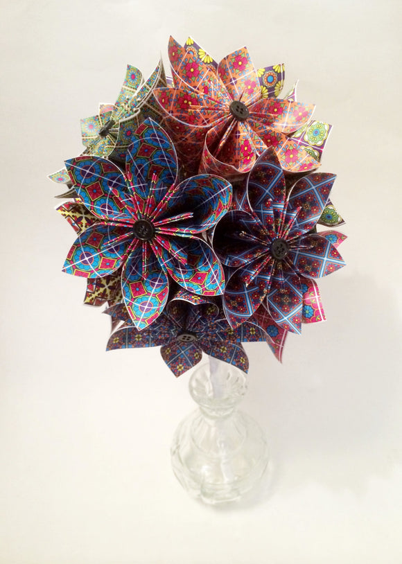A Dozen Paper Flowers- Talavera origami, one of a kind bouquet, use any digital print, dozen roses, wedding bouquet, anniversary gift