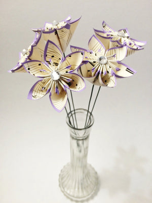5 Stemmed Sheet Music Paper Flowers- Ready To Ship, small bouquet, handmade, wedding decor, origami flowers anniversary gift