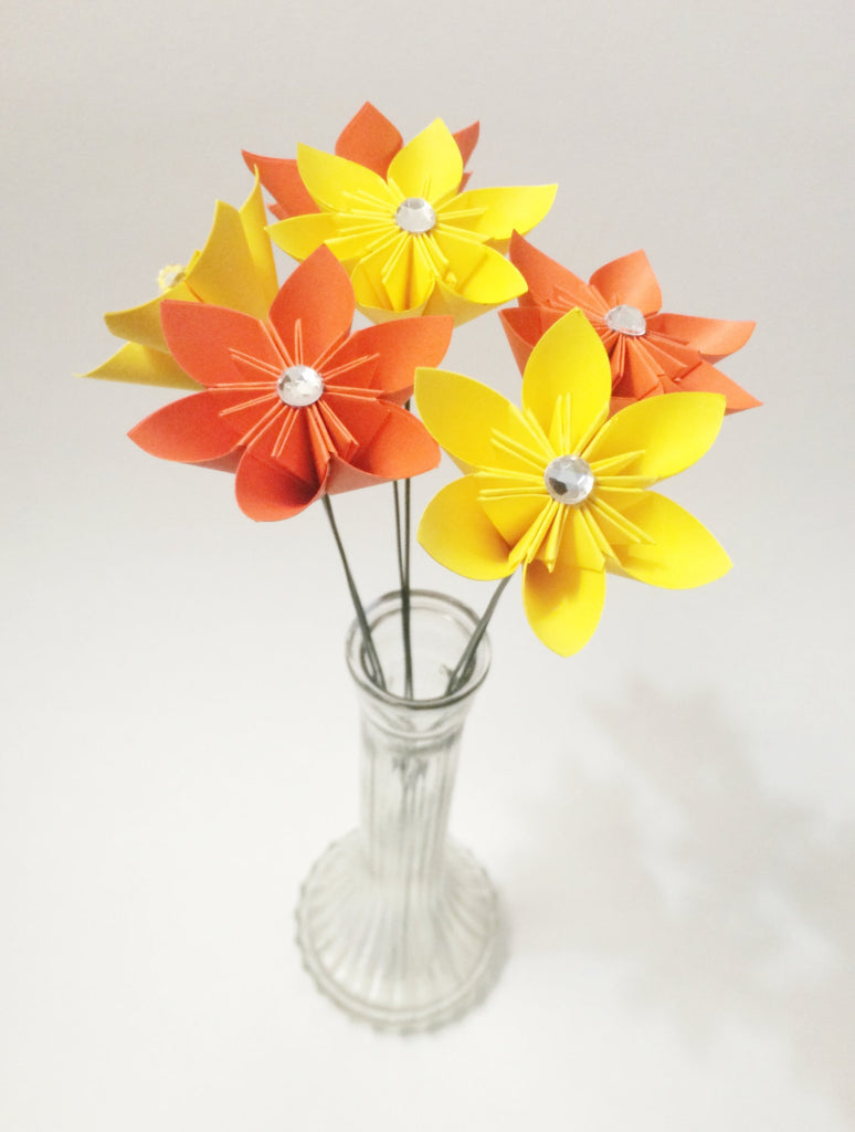 Set of 6 Stemmed Colorful Paper Flowers- Ready To Ship, perfect for her, handmade anniversary gift, wedding decor, origami