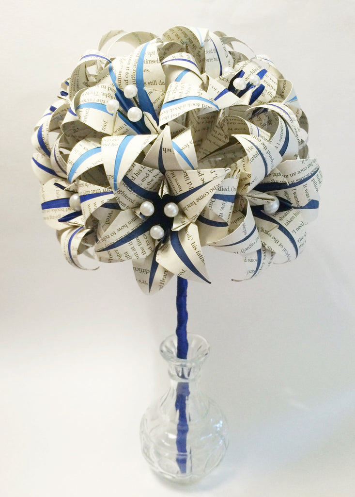 Book Bouquet of Stargazer Lilies- Blue bouquet, paper flowers, origami lilies, brides bouquet, one of a kind anniversary gift