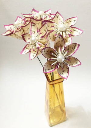 5 I Love You Paper Flowers- Ready To Ship, small bouquet, handmade anniversary gift, wedding decor, origami, magenta flowers