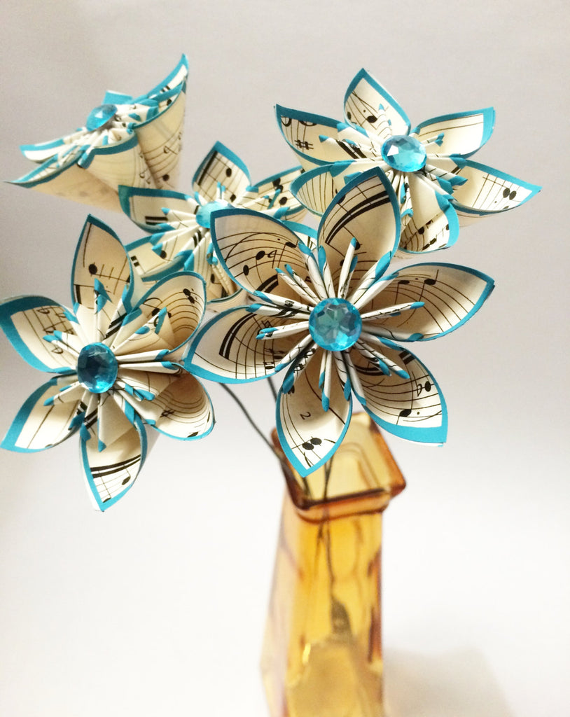 5 Sheet Music Paper Flowers- Ready to ship, handmade, turquoise, small bouquet, anniversary gift, wedding decor, mothers day